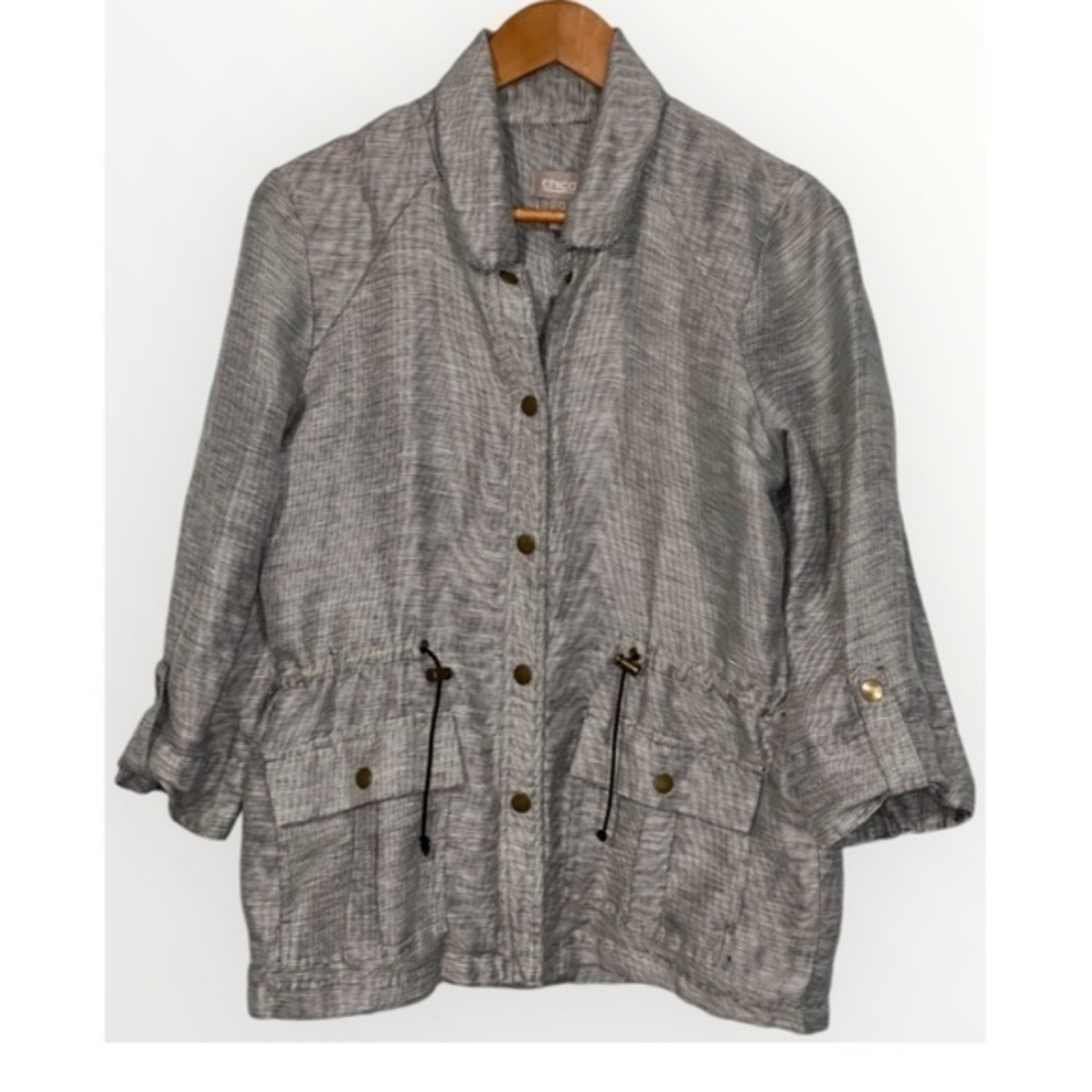Chico’s Black~White Stripes Linen Blend Cinch Waist Tab Sleeves Utility Jacket S